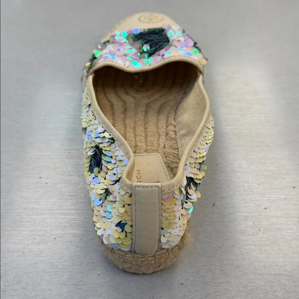 Tory Burch Green and Cream Sequin Espadrilles